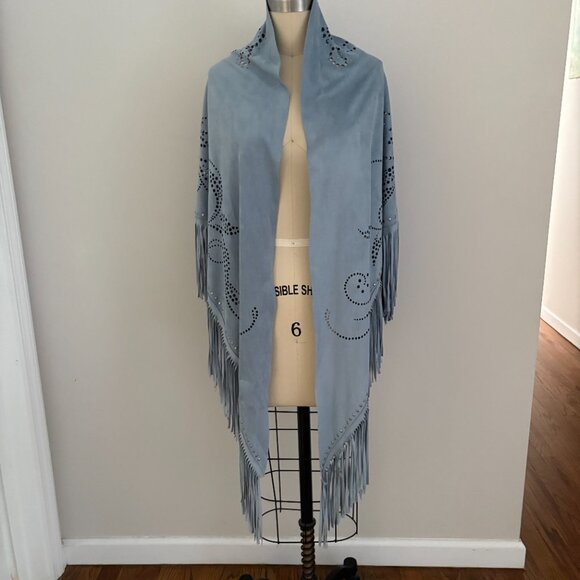 Curations Caravan Shawl Blue Embellished Faux Suede Fringe Wrap - Picture 1 of 5